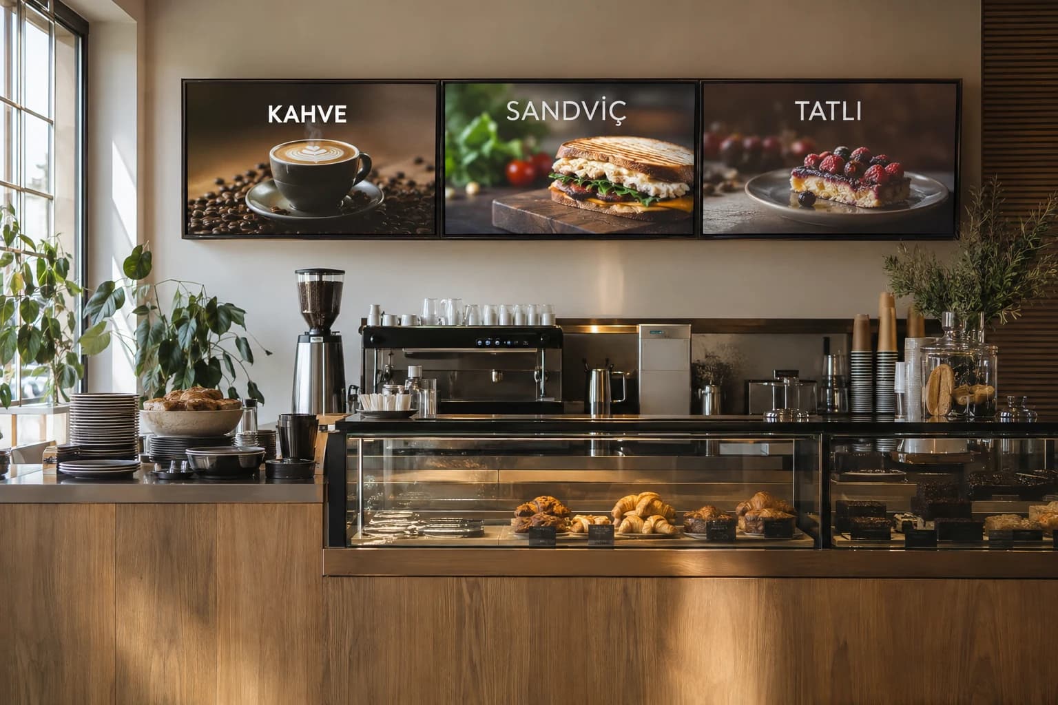 Kafe tezgâhının üzerinde yan yana monte edilmiş dijital menü ekranları